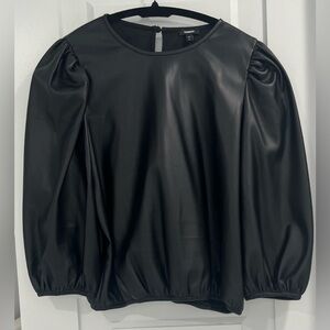 Black Faux Leather Puff Sleeve Top, Size XS